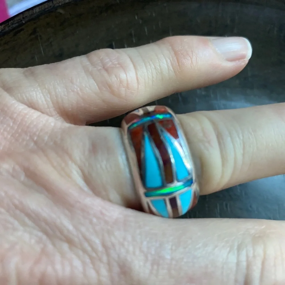 Turquoise Coral Opal Inlayed Sterling Silver Band Ring size 9 - Picture 3 of 6
